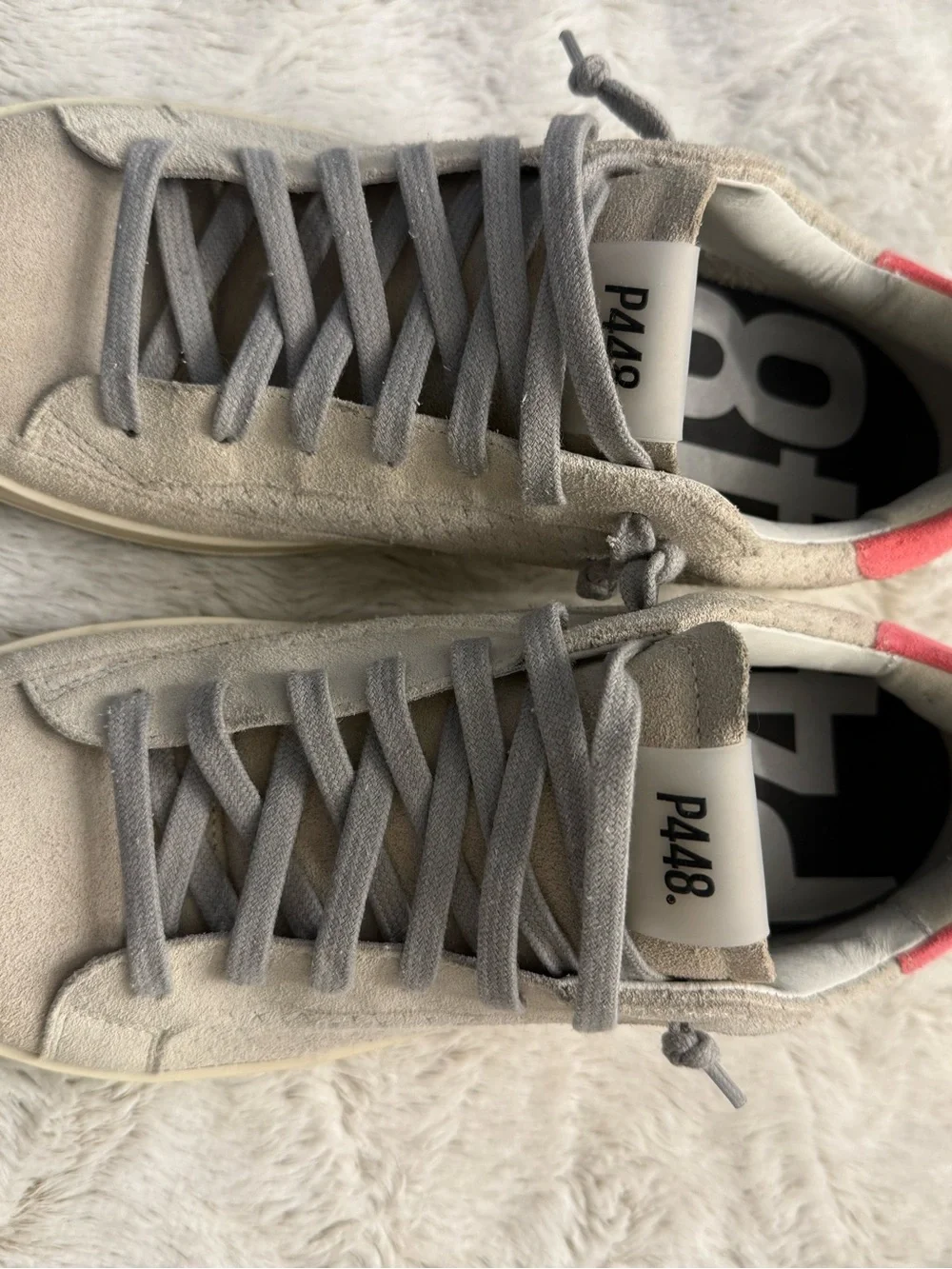P448, Women's Casual Suede Lace-Up Sneakers in Light Gray w/ Pink Accent size 40